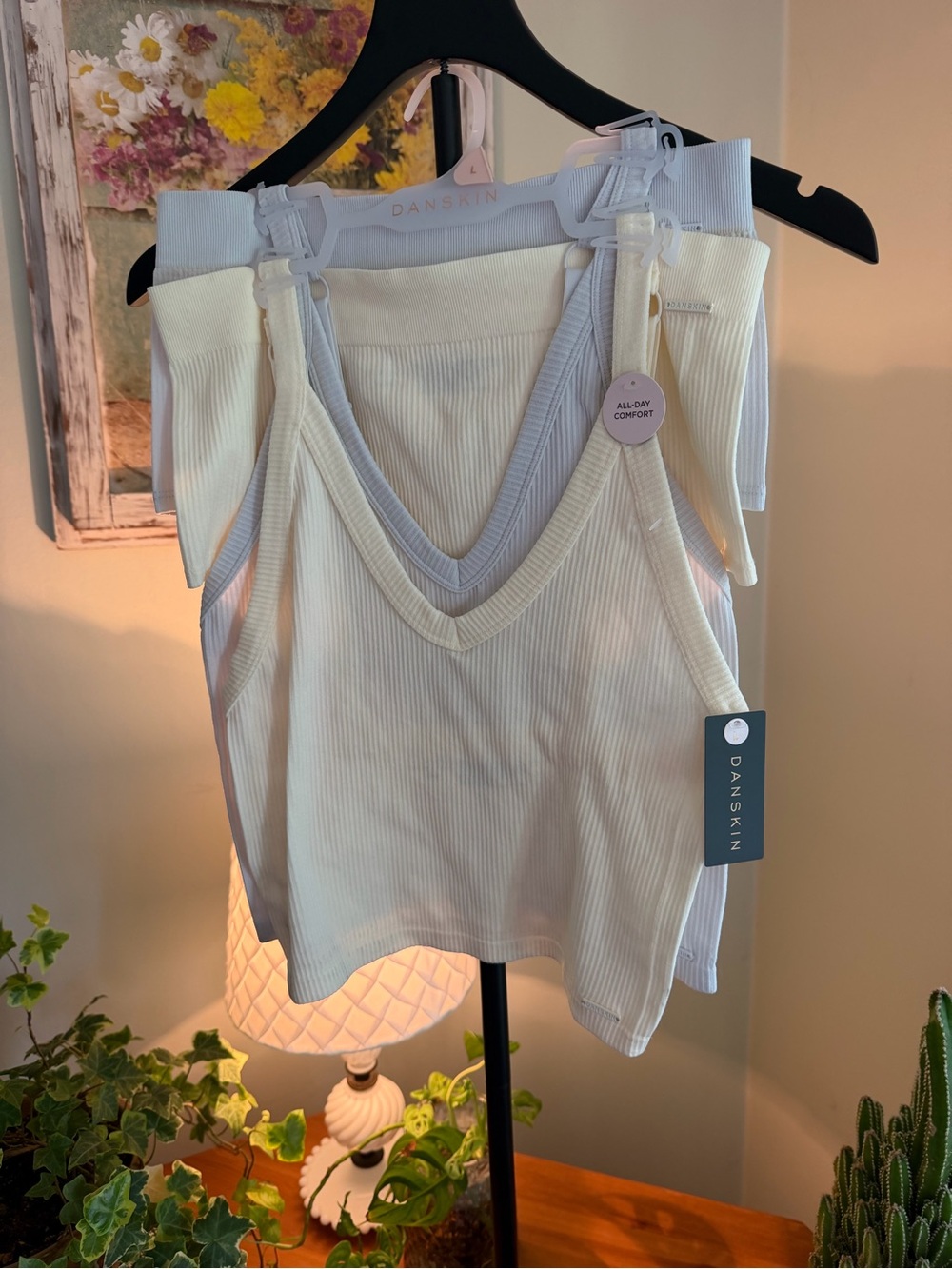 4 Piece Danskin Cream & Grey Ribbed V-Neck/Boy Shorts with Adjustable Straps